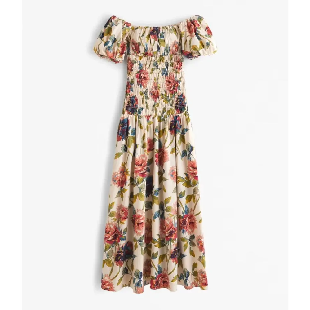 Abercrombie & Fitch Smocked Drop-Waist Puff Sleeve Floral Maxi Dress Size MP